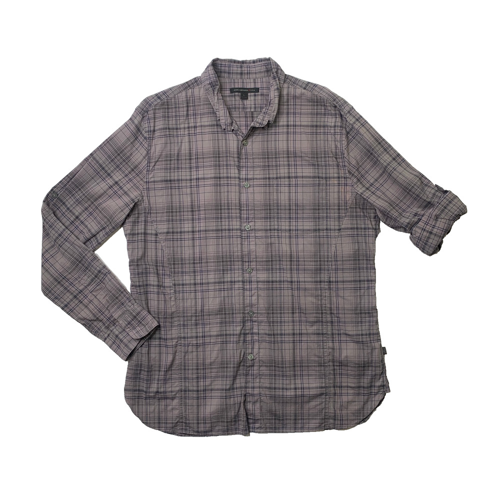 John Varvatos Shirt Mens L Large Gray Storm Cotton Plaid Button Down Tab Sleeve